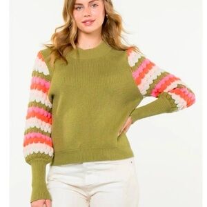 THML Olive Sweater with Multicolor Striped Bubble Sleeves